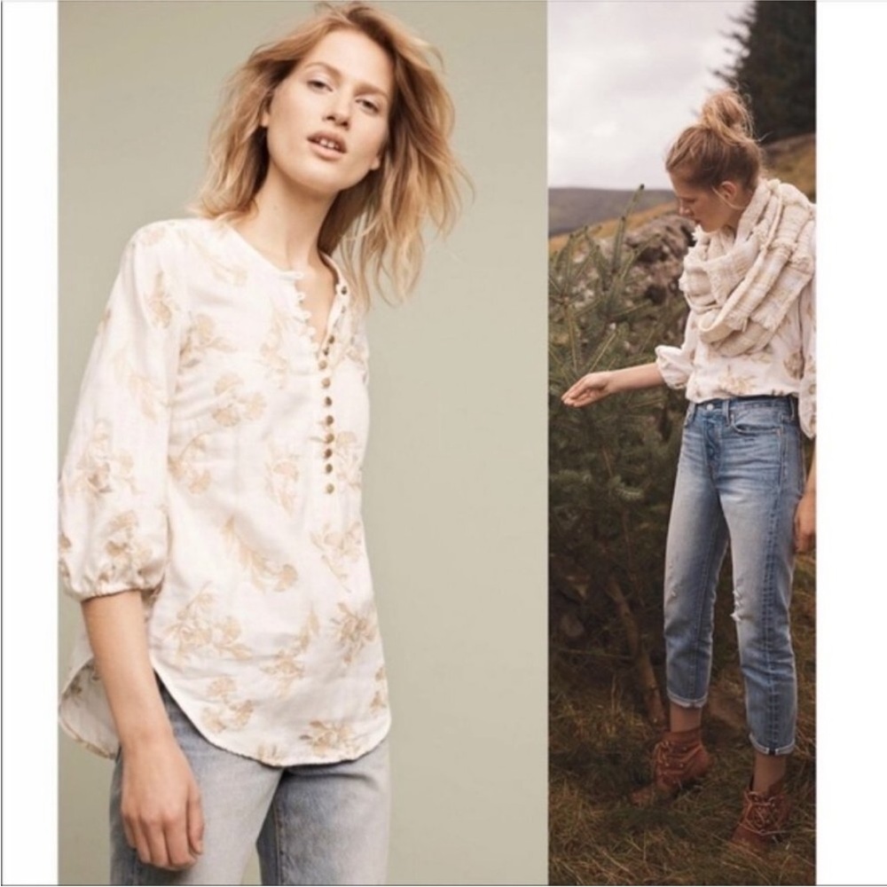 Anthropologie Cream Floral Button-Up Peasant Blouse